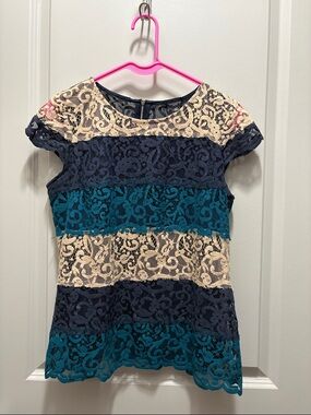 Ann Taylor Navy, Teal & Cream Lace Stripe Cap-Sleeve Top